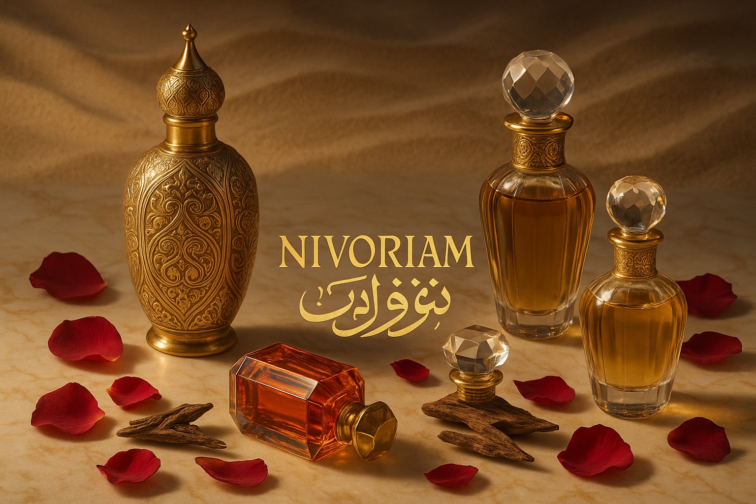 crea una imagen ultrarrealista sobre perfumes en la que se encuentre el nombre en el centro, con un estilo árabe